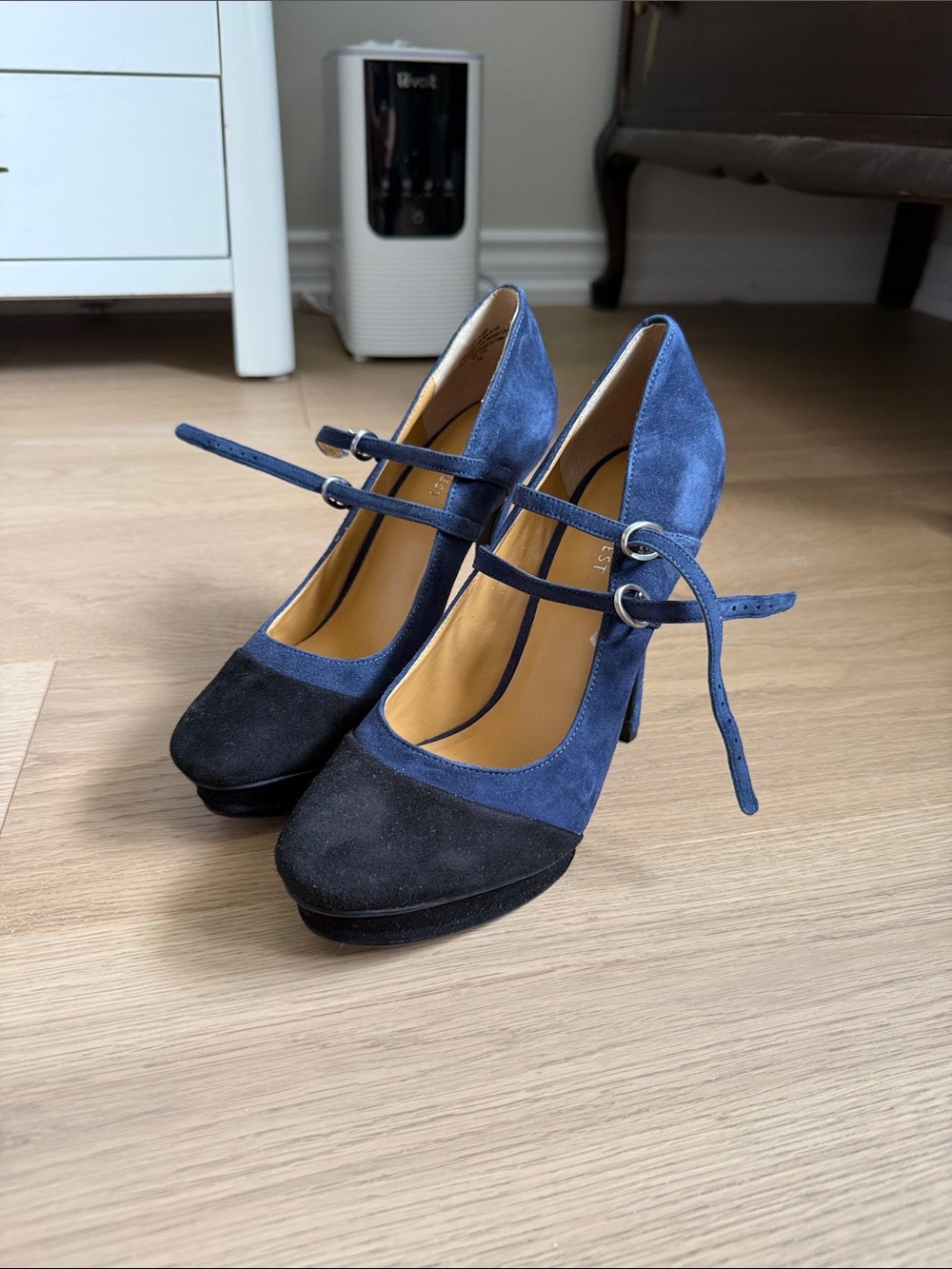 Nine West Blue and Black Suede Double-Strap Mary Jane Heels